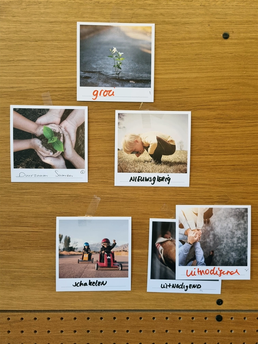 Polaroids op een tafel met teksten eronder: groei, duurzaam samen, nieuwsgierig, schakelen en uitnodigend